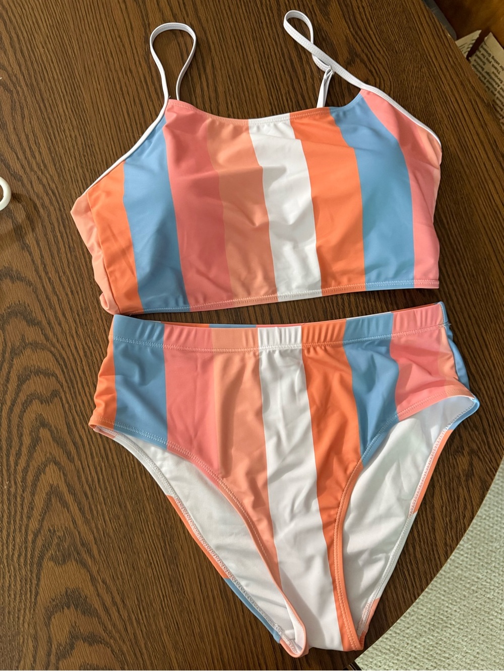 NWT Womens Striped Boutique High-Waist Swim Set - Pink, Orange, Blue, White